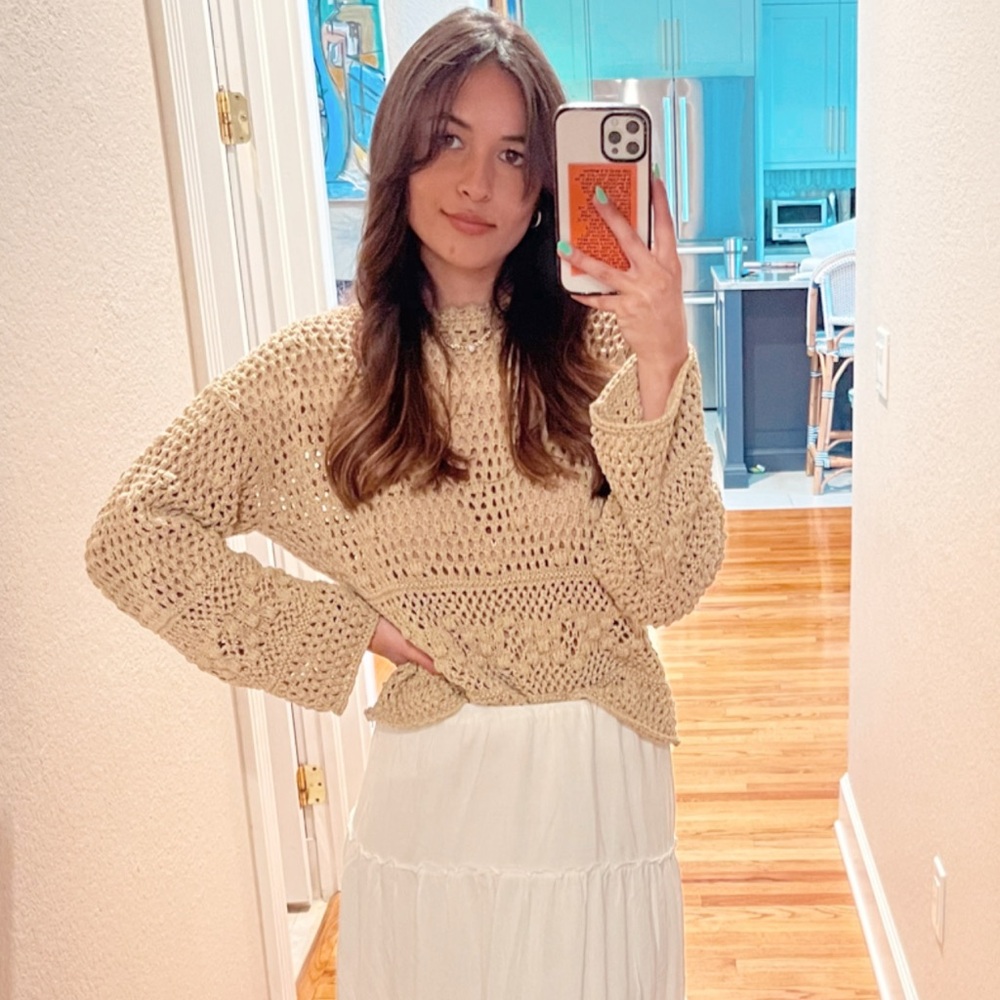 tan crochet sweater from zara